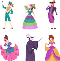 Fototapeta na wymiar Venetian carnival. Fashioned authentic italian venetian characters in colored beautiful costumes and masks dancing exact vector people