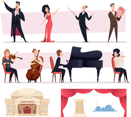Opera singers. Cartoon characters of music band for theatrical events exact vector opera templates set