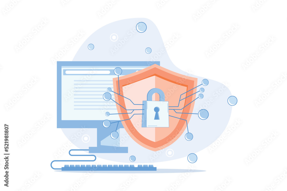 Poster characters using cyber security services to protect personal data. online payment security, cloud sh