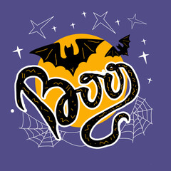 Boo lettering design for Halloween prints. Full moon and bats