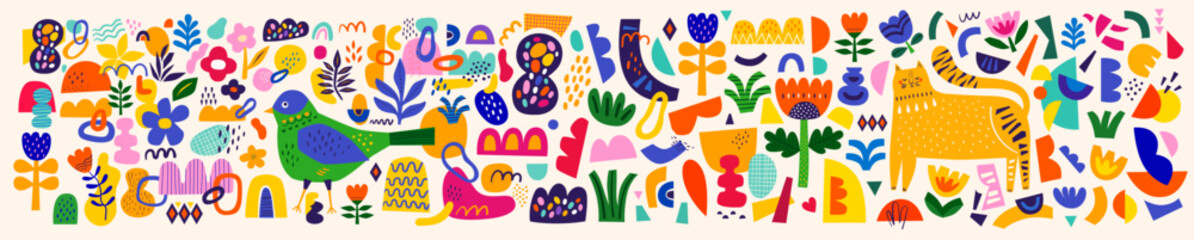 Cute pattern collection with cat and bird. Decorative abstract horizontal banner with colorful doodles and shapes. Hand-drawn modern illustrations with cat, flowers, abstract elements