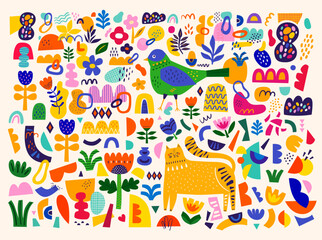 Cute pattern collection with cat and bird. Decorative abstract horizontal banner with colorful doodles and shapes. Hand-drawn modern illustrations with cat, flowers, abstract elements - 521982045