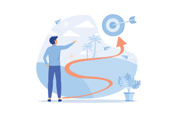 Strategic management Businessman with briefcase, arrow in target, Success planning and expected development. Wealth and savings growing. Flat design Modern illustration