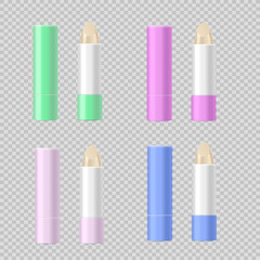 Lip balm tubes set of templates in colors, 3d vector illustration isolated.