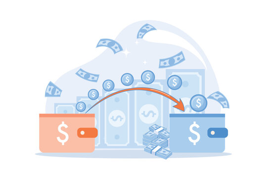 Money Transfer From And To Wallet Capital Flow, Earning Or Making Money. Financial Savings Or Economy Concept. Flat Vector Modern Design Illustration