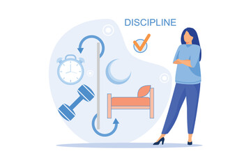 Discipline concept Working day idea metaphor. Daily affairs of person, Fulfillment of planned plans according to regulations flat vector modern design illustration