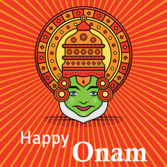Happy onam caption with kathakali face isolated on orange strip background vector image.