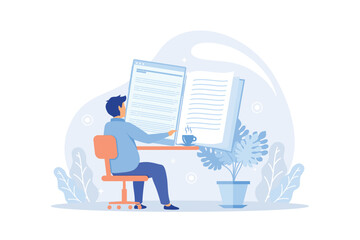 Online book library concept. Vector graphic illustration with characters reading books online on the smartphone. Concept for website and mobile website development. modern flat illustration