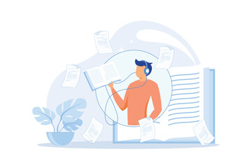Online library flat background with young people listening audio books using smartphones and headphones modern flat illustration