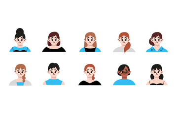 A woman with a fashionable hairstyle. A set of avatars with a girl's face. Flat style vector design illustration