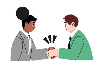 Business men, women people shaking hands over contract reaching agreement, holding signed papers set. Successful partners standing,  closing deal. Partnership, handshake. Flat style vector design