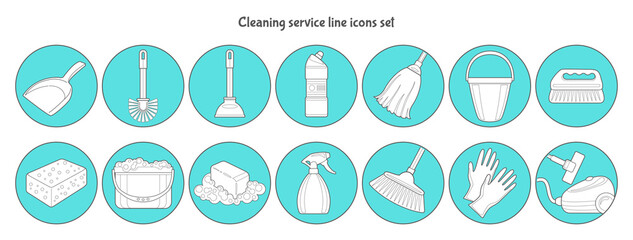 Cleaning service line icons set. Outline vector symbol collection, linear style pictogram pack of shovel, brush, plunger, detergent, bucket, broom, sponge, pail, soap, mop, gloves, hoover.