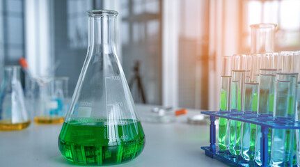 Laboratory research, test tubes with lab glassware, science laboratory research and development concept