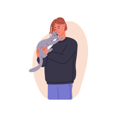 Person loves cat, hugging. Happy pet owner holding cute kitty in hands portrait. Adult adopting kitten, feline animal friend. Flat graphic vector illustration isolated on white background