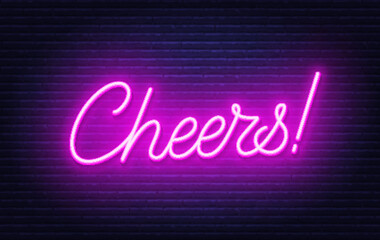 Cheers neon sign on brick wall background.