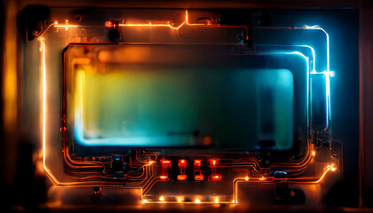Obraz premium Electrical glowing lighting neon circuit on CPU mainboard background. Technology and abstract concept. 3D illustration rendering