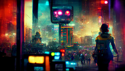 Cyberpunk smart city with futuristic robot and colorful lights background