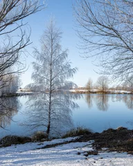 Foto auf Leinwand Trees covered by hoar frost at Kellands Pond, Twizel, New Zealand. Vertical format. © Janice