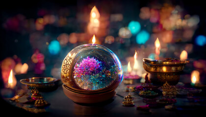 Diwali festival with colorful candles light and bokeh background.