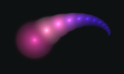 Blue purple violet glowworms or fireflies in curvy shape of arc glow in deep dark space. Digital 3d artwork. Cyber neon light, disco or hazy night lights concept. Great for design as print element. 