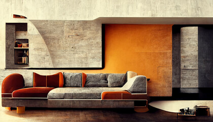 Orange color tone living room in modern house background. Interior and architecture concept. 3D illustration rendering
