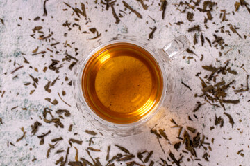 Green tea. Top view green tea on stone background. Healthy drinks. Herbal tea concept. close up