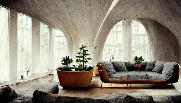 Living room in Scandinavian style with houseplants background. 3D illustration rendering