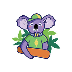 2D cartoon portrait of a koala, she loves sports and music