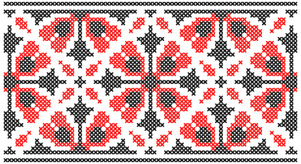 Vector seamless cross-stitched old ornament Ukraine. Embroidered good like old handmade cross-stitch ethnic Ukraine pattern. Ukrainian towel with ornament, rushnyk called, in vector.
