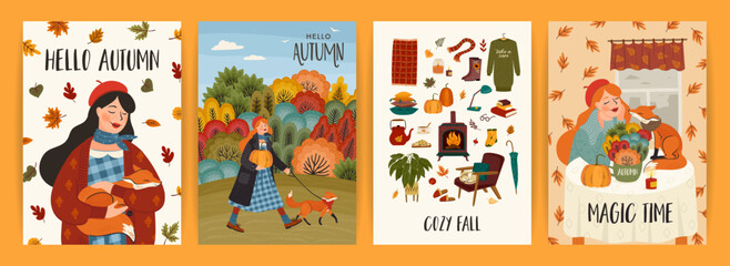 Set of autumn illustrations with cute girl. Vector design for card, poster, flyer, web and other.