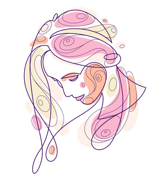 recommend clip art: Beautiful face of attractive woman vector linear drawing, sensitive emotional line art adult girl portrait, feminine abstract face line art.