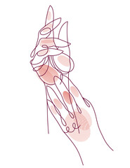 Skin care beautiful woman hands using cream or lotion, vector line art illustration isolated, clear healthy skin concept.