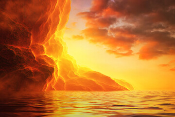 Fantastic cliff coast at sunset with clouds and reflections in the water. Illustration