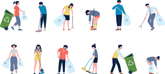 People collect garbage in special recycling bags. Litter picking of volunteer and family cleaning plastic waste. Collecting and recycle trash recent vector characters