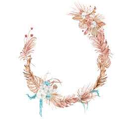 Watercolor tropical bouquet with dried palm leaves and flowers Hand-painted exotic illustration