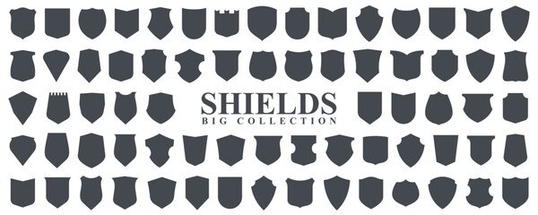 Big collection of classic shapes of shields vector symbols set, classical ammo shields protection and safety icons, a lot of different logos or emblems design elements.