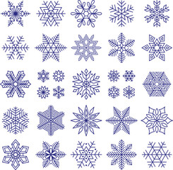 Snowflakes collection icons design. Natural snowflake, abstract holidays stars, christmas stickers for glass template. Decorative winter tidy vector elements