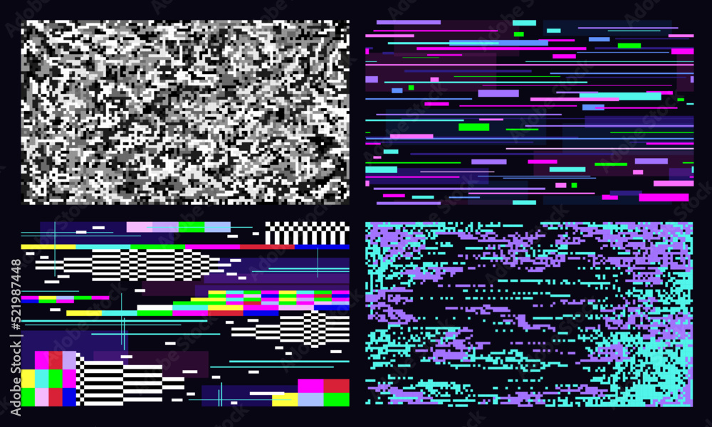 Fototapete glitched textures. glitch glowing computer screen, tv white noise graphic. 80s art distortion pixela