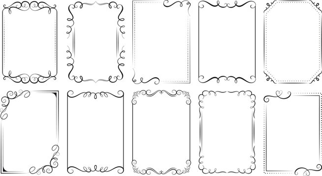 Calligraphic flourish frames vintage design for wedding invitation, cards decorative. Swashes line ornament borders, swirl motif elegant racy vector element