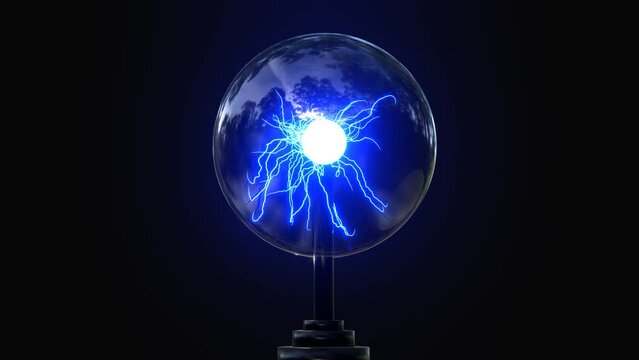 seamless Lightning illuminated blue abstract line as 3d modeling animated SciFi tesla coil  in transparent glass ball and black back ground.