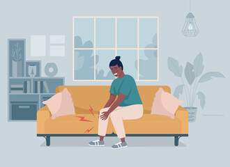 Obraz premium Man with pain in leg muscles at home flat color vector illustration. Body injury. Joints inflammation. Health problem. Fully editable 2D simple cartoon character with living room on background