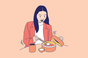 Illustrations of Beautiful Young woman eating dumplings in bamboo steamer at table