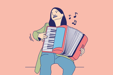 Illustrations of Beautiful Young woman sings and playing accordion 
