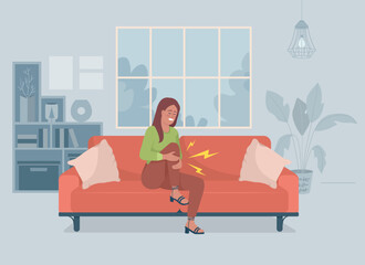 Woman suffering from pain in leg flat color vector illustration. Arthritis attack. Injured joint problem. Knee ache. Fully editable 2D simple cartoon character with living room on background - obrazy, fototapety, plakaty