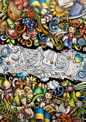 Obraz premium Ukraine doodle banner. Cartoon vector flyer.