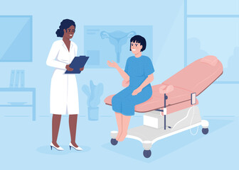 Gynecologist and patient at appointment flat color vector illustration. Female health examination. Doctor consultation. Fully editable 2D simple cartoon characters with hospital on background