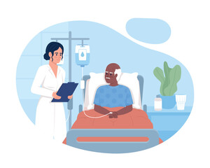 Doctor visiting senior patient in ward 2D vector isolated illustration. Medicine and treatment flat characters on cartoon background. Healing colourful editable scene for mobile, website, presentation