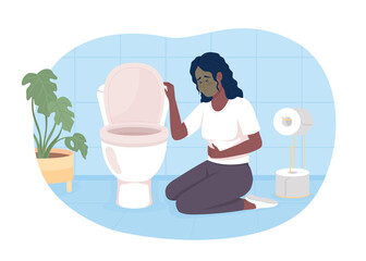 Woman suffering from nausea in bathroom 2D vector isolated illustration. Gut infection flat character on cartoon background. Sickness colourful editable scene for mobile, website, presentation