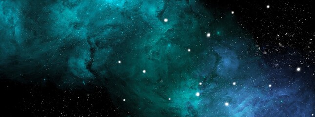 Nebula and stars in night sky web banner.  Space background with realistic nebula and shining stars. Abstract scientific background with nebulae and stars in space.  Multicolor outer space.