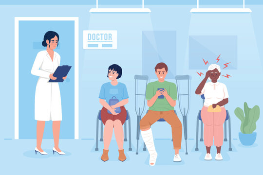 Patients waiting for doctor appointment flat color vector illustration. Queue in hospital. Healthcare. Fully editable 2D simple cartoon characters with clinic on background. Bebas Neue font used